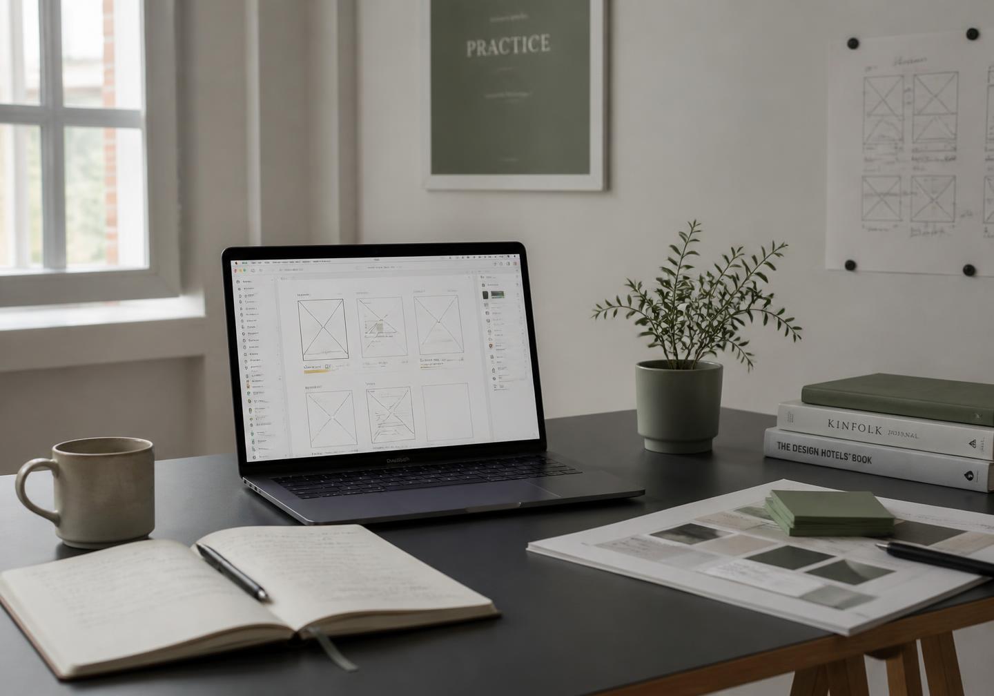 Web Boutique design studio desk with website wireframes on a laptop